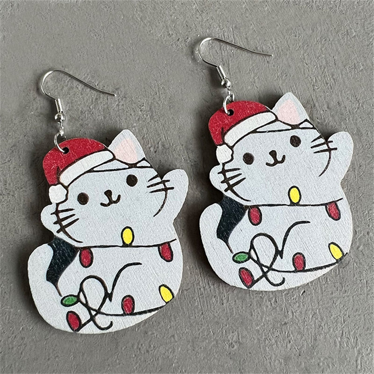 Red Wood & Silver-Plated Santa Hat Cat Drop Earrings