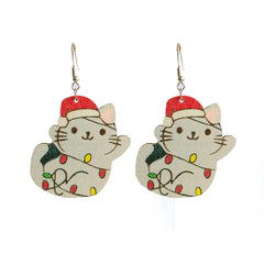 Red Wood & Silver-Plated Santa Hat Cat Drop Earrings