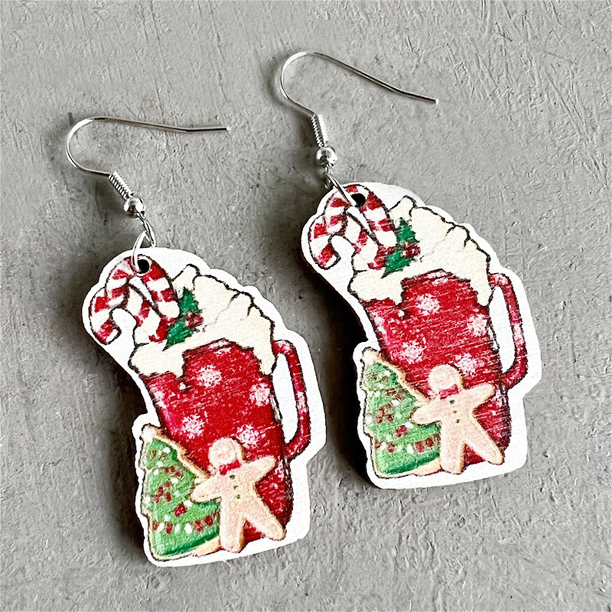 Red Wood & Silver-Plated Holiday Tree Drink Drop Earrings