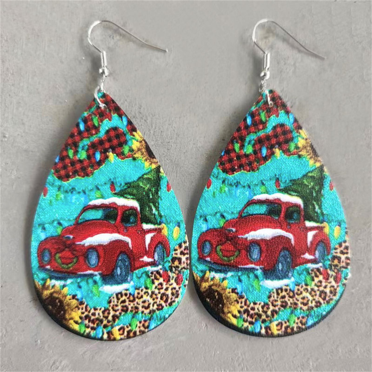 Blue & Red Truck & Christmas Tree Teardrop Earrings