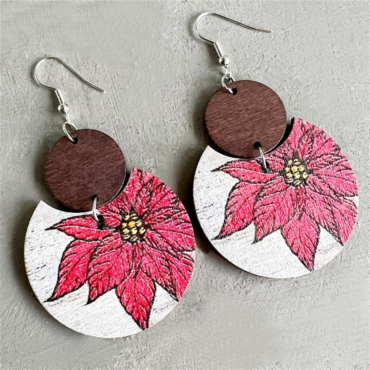 Brown Wood & Silver-Plated Plum Blossom Round Drop Earrings