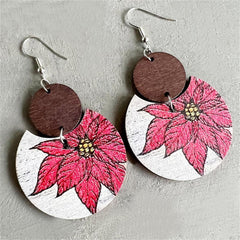 Brown Wood & Silver-Plated Plum Blossom Round Drop Earrings