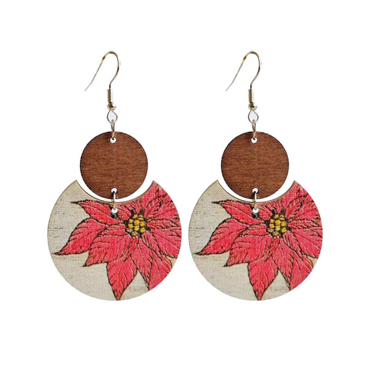 Brown Wood & Silver-Plated Plum Blossom Round Drop Earrings