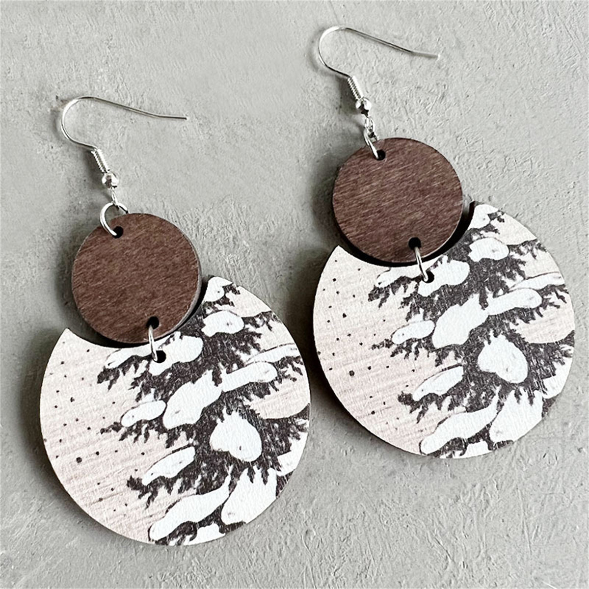 Cream Snowy Tree Double-Circle Wood Drop Earrings