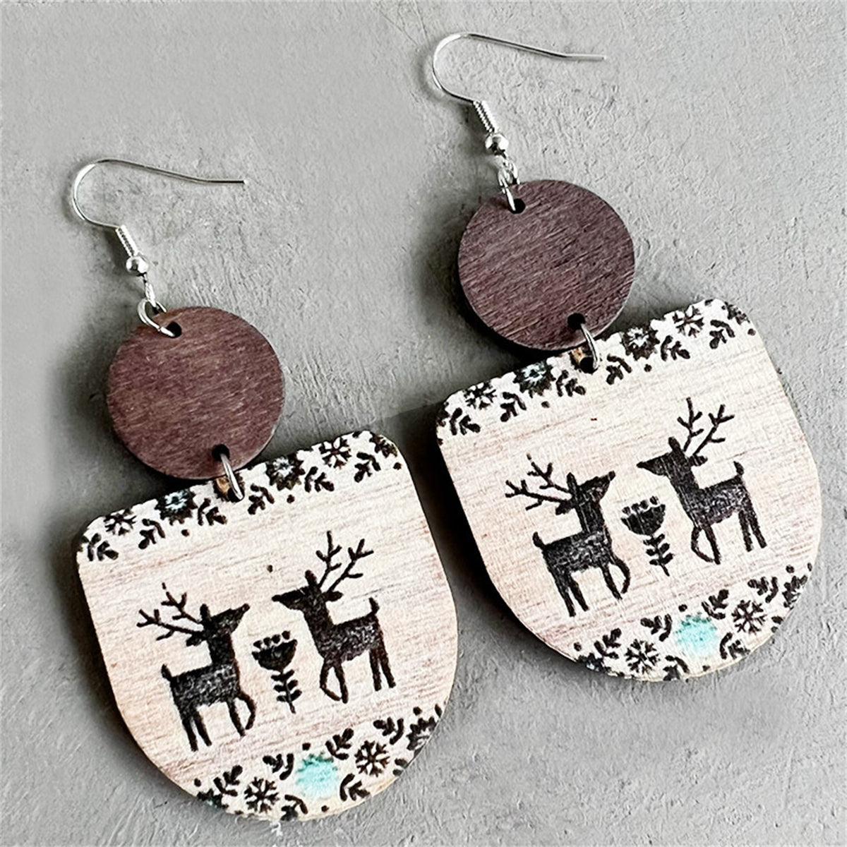 Brown & Cream Reindeer Wood Drop Earrings