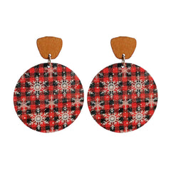 Red Buffalo Check & Snowflake Round Wood Drop Earrings