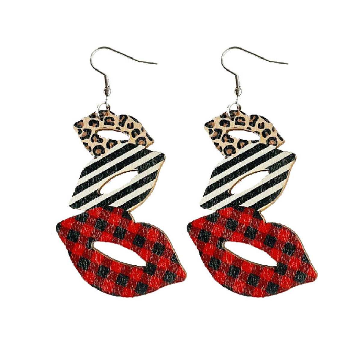 Red & White Wood Openwork Plaid Leopard Lips Drop Earrings