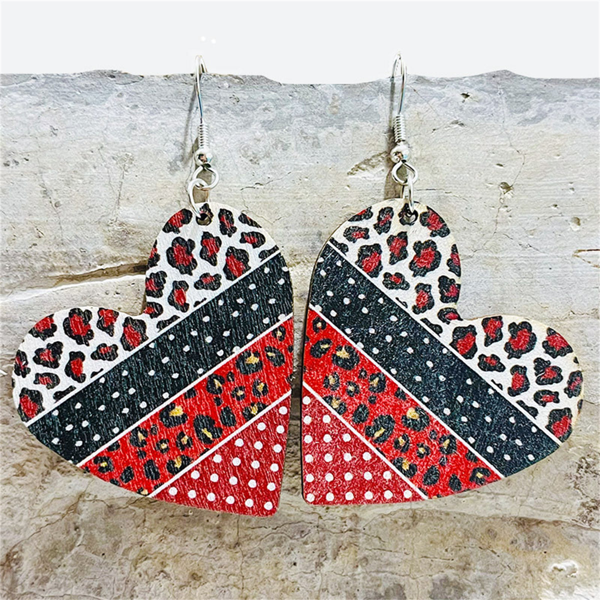 Red & White Wood Leopard-Print Dot Heart Drop Earrings