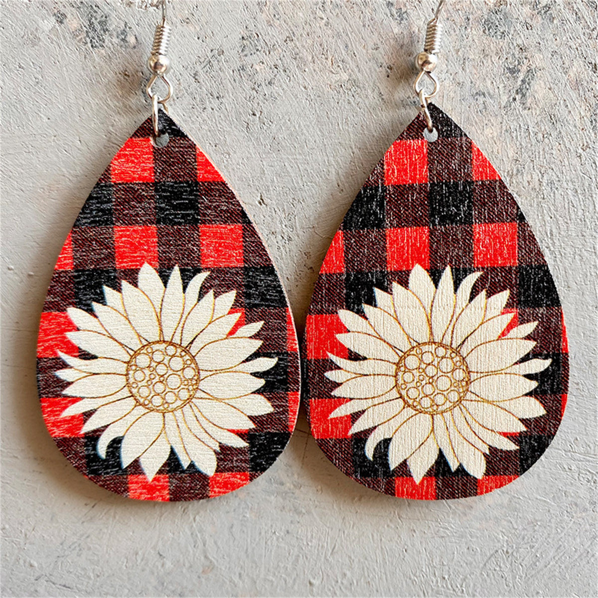 Red & Black Wood Plaid Lotus Teardrop Earrings