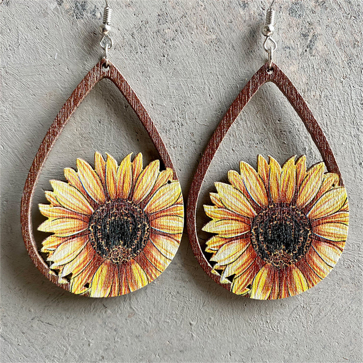 Yellow Wood Sunflower Drop Earrings