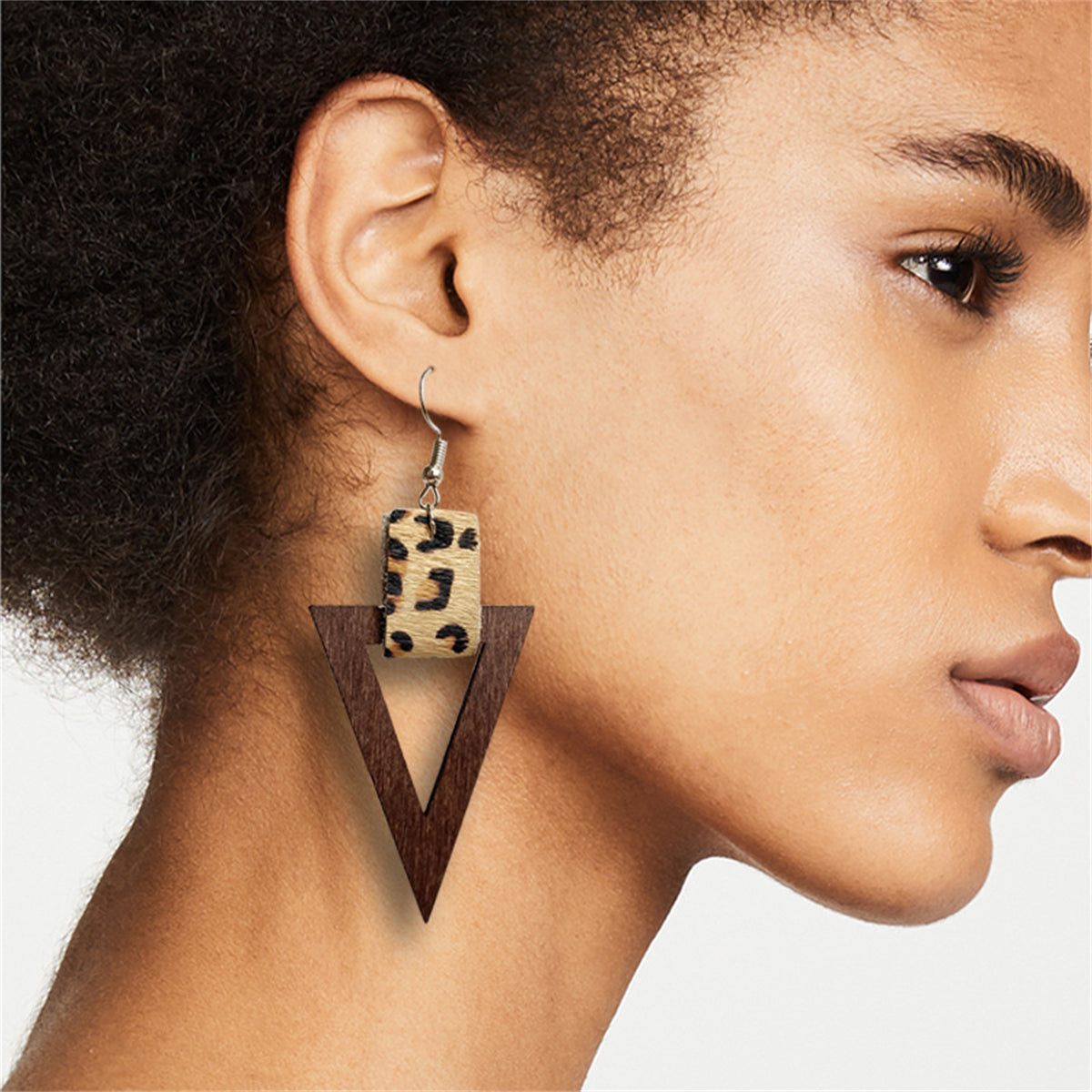 Brown Wood Leopard Triangle Drop Earrings