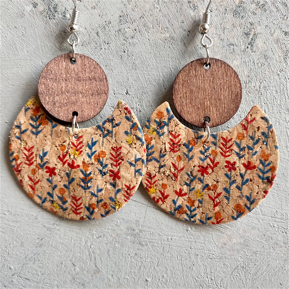 Red Multicolor Polystyrene & Wood Fan Drop Earrings