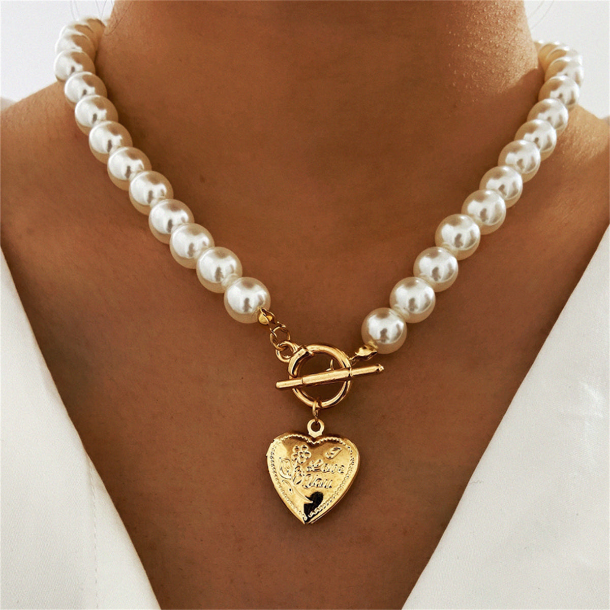 Pearl & 18K Gold-Plated Rose Heart Locket Toggle Pendant Necklace