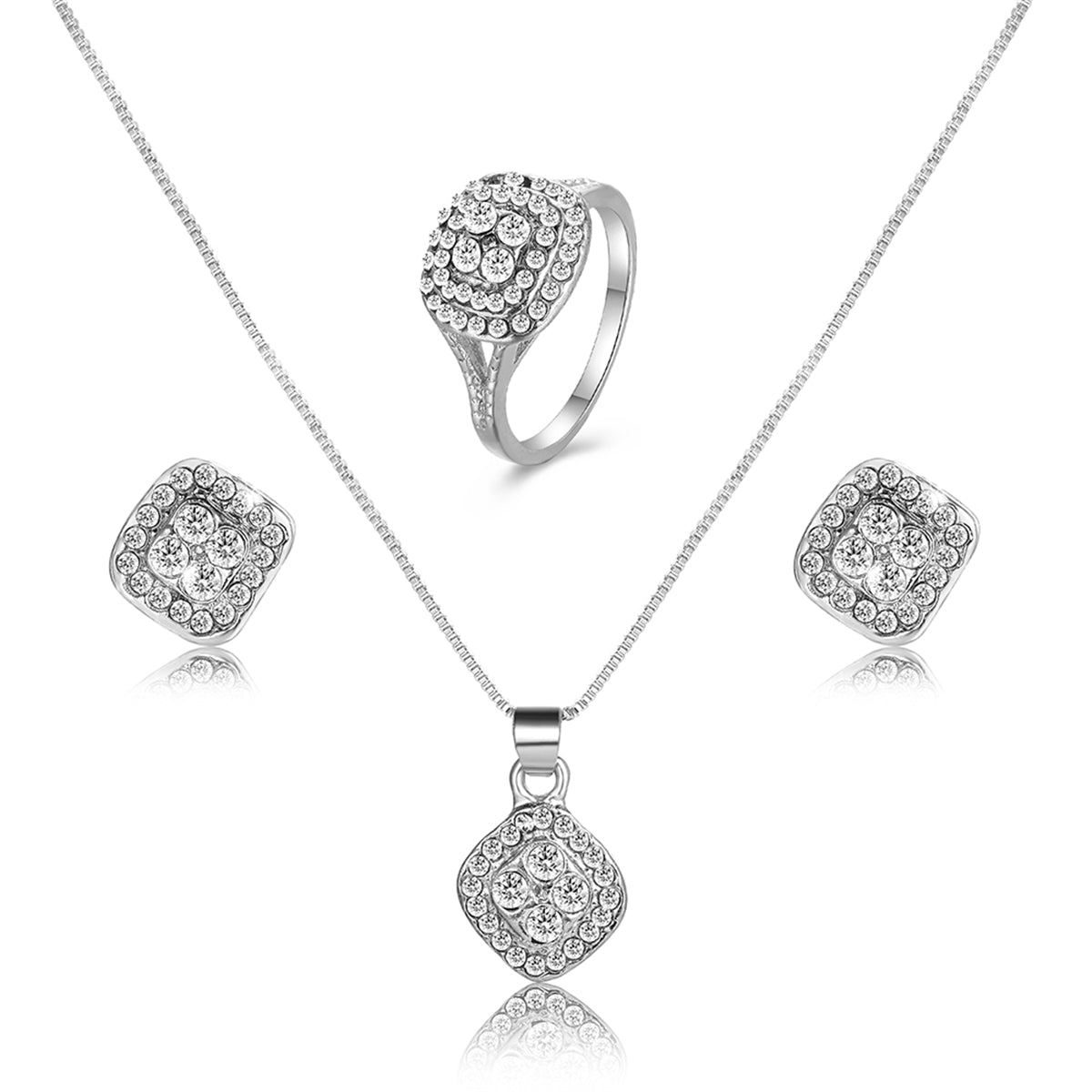 Cubic Zirconia & Silver-Plated Square Pendant Necklace Set