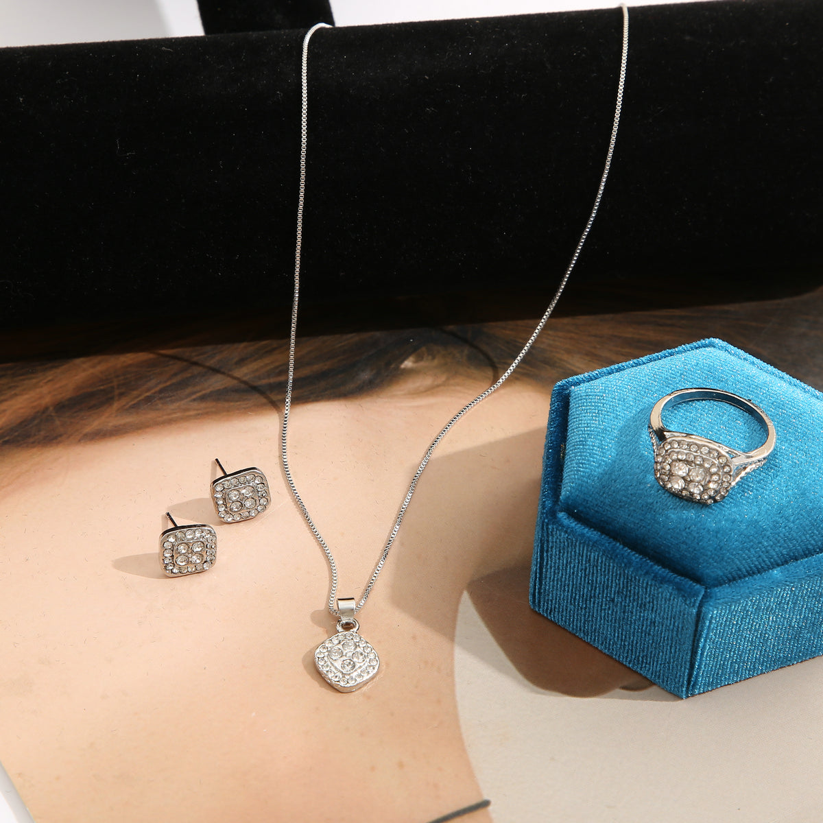 Cubic Zirconia & Silver-Plated Square Pendant Necklace Set