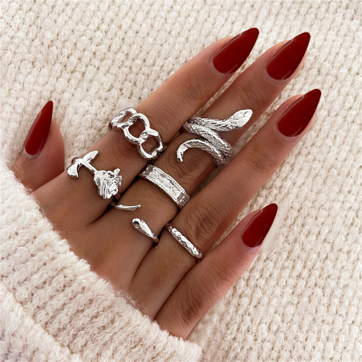 Silver-Plated Rose Snake Ring Set