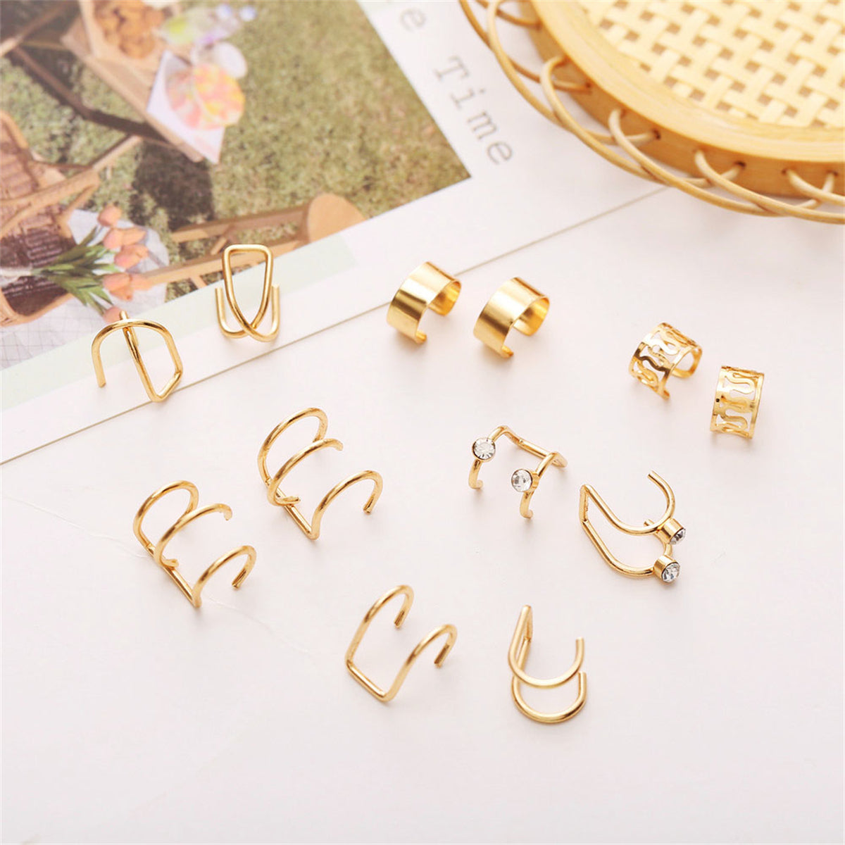 Cubic Zirconia & 18K Gold-Plated Layered Ear Cuff Set