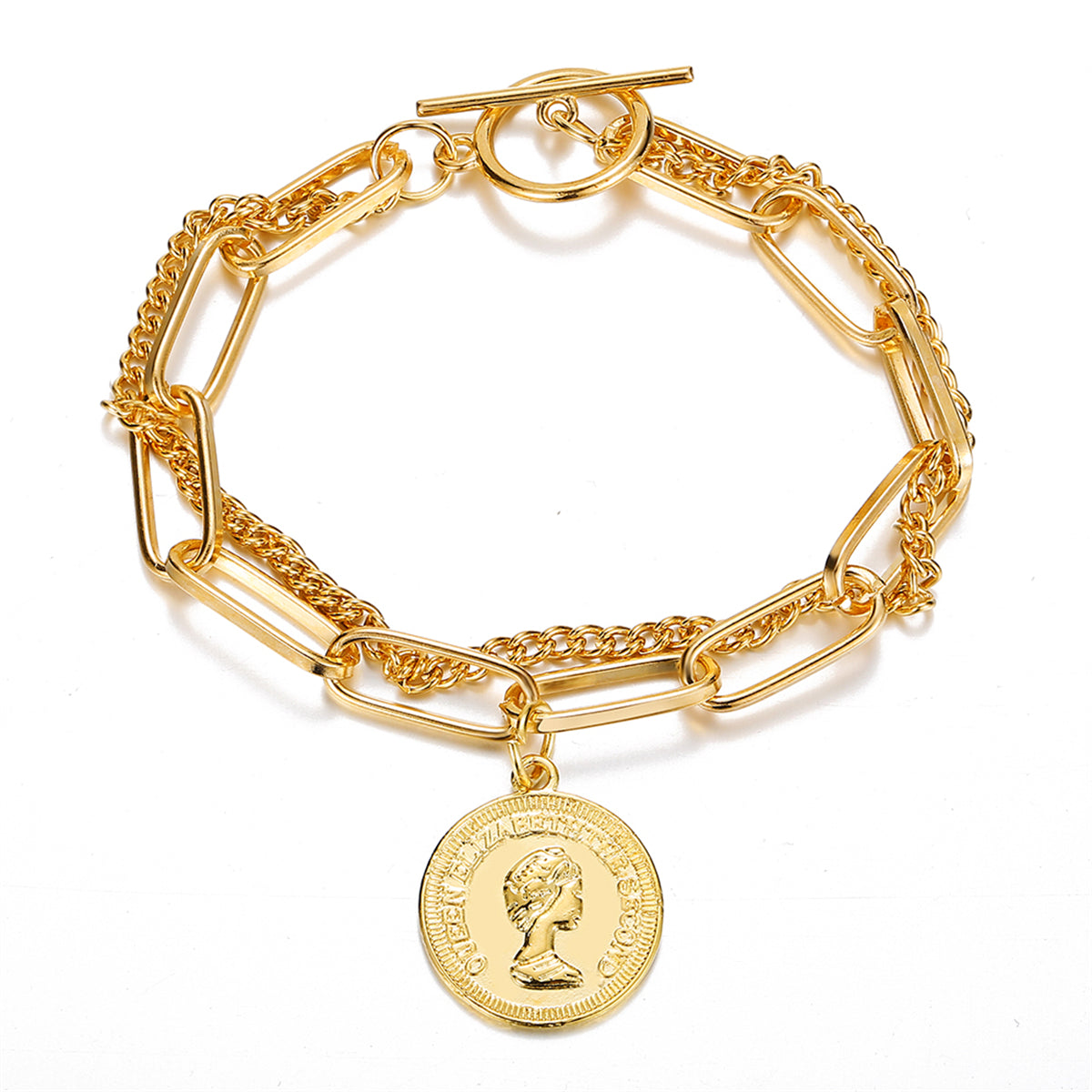 18K gold-plated layered bracelet adorned with a charming coin, ideal for elevating your jewelry collection effortlessly.