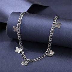 Silver-Plated Curb Chain Butterfly Station Choker Necklace