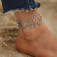 Silver-Plated Openwork Heart Station Charm Anklet Set