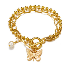 Pearl & 18K Gold-Plated Dual-Chain Butterfly Charm Bracelet