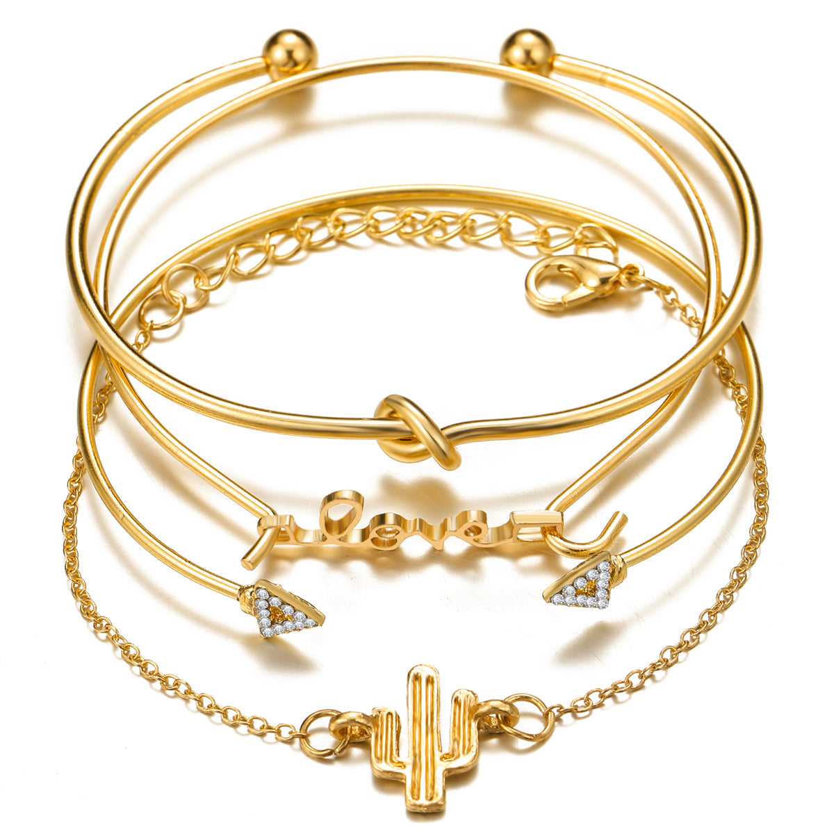 Cubic Zirconia & 18K Gold-Plated 'LOVE' Cactus Charm Cuff Bracelet Set