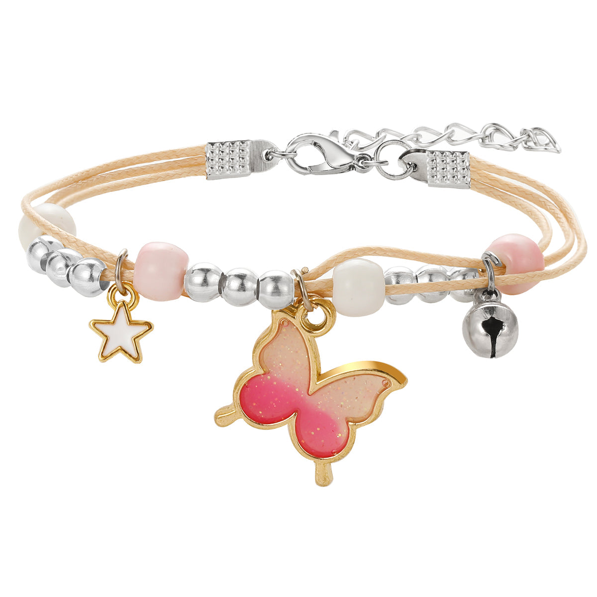 Pink Enamel & Two-Tone Buttefly Layered Charm Bracelet