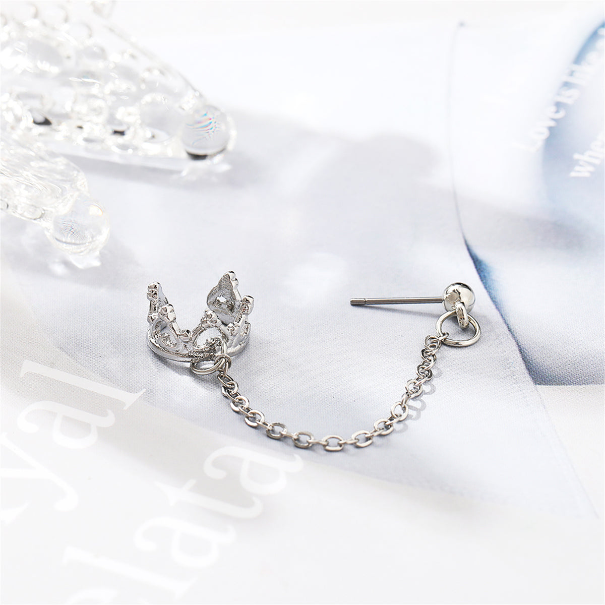 Silver-Plated Heart Crown Chain Ear Cuff