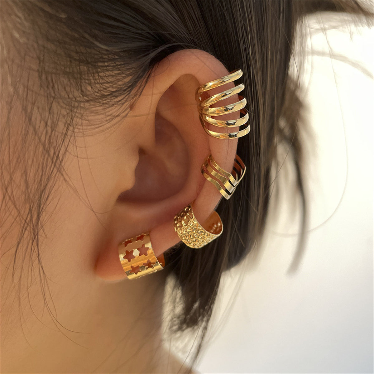 18K Gold-Plated Textured Star Layered Ear Cuff Set