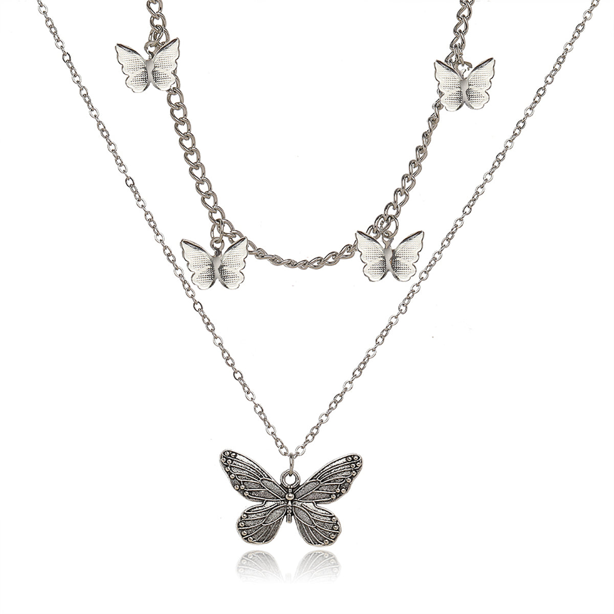 Silver-Plated Layered Butterfly Station Necklace