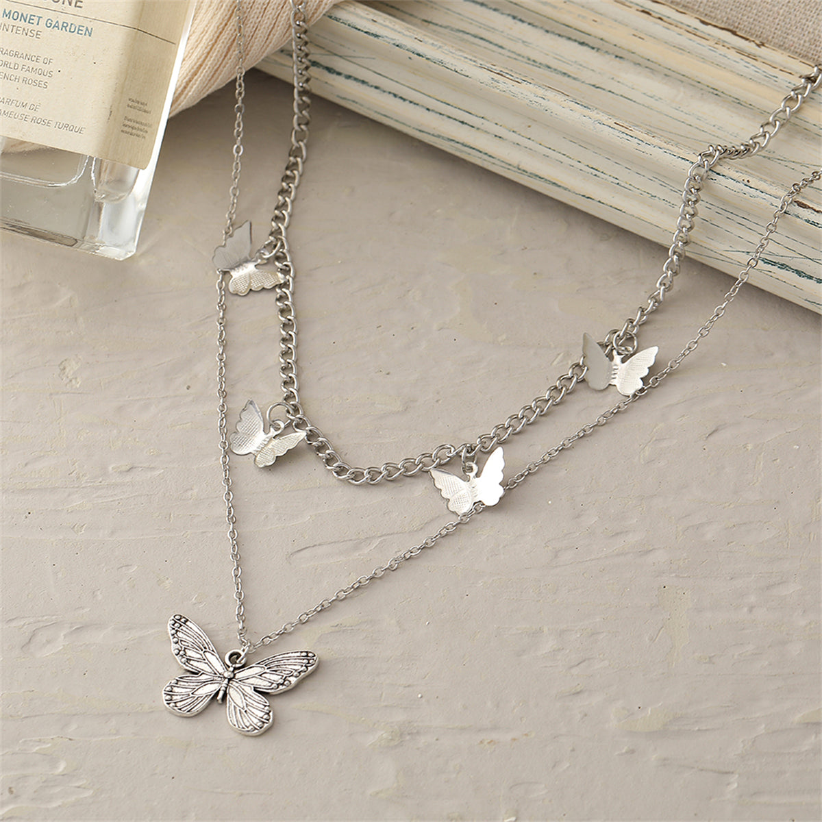 Silver-Plated Layered Butterfly Station Necklace