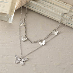 Silver-Plated Layered Butterfly Station Necklace