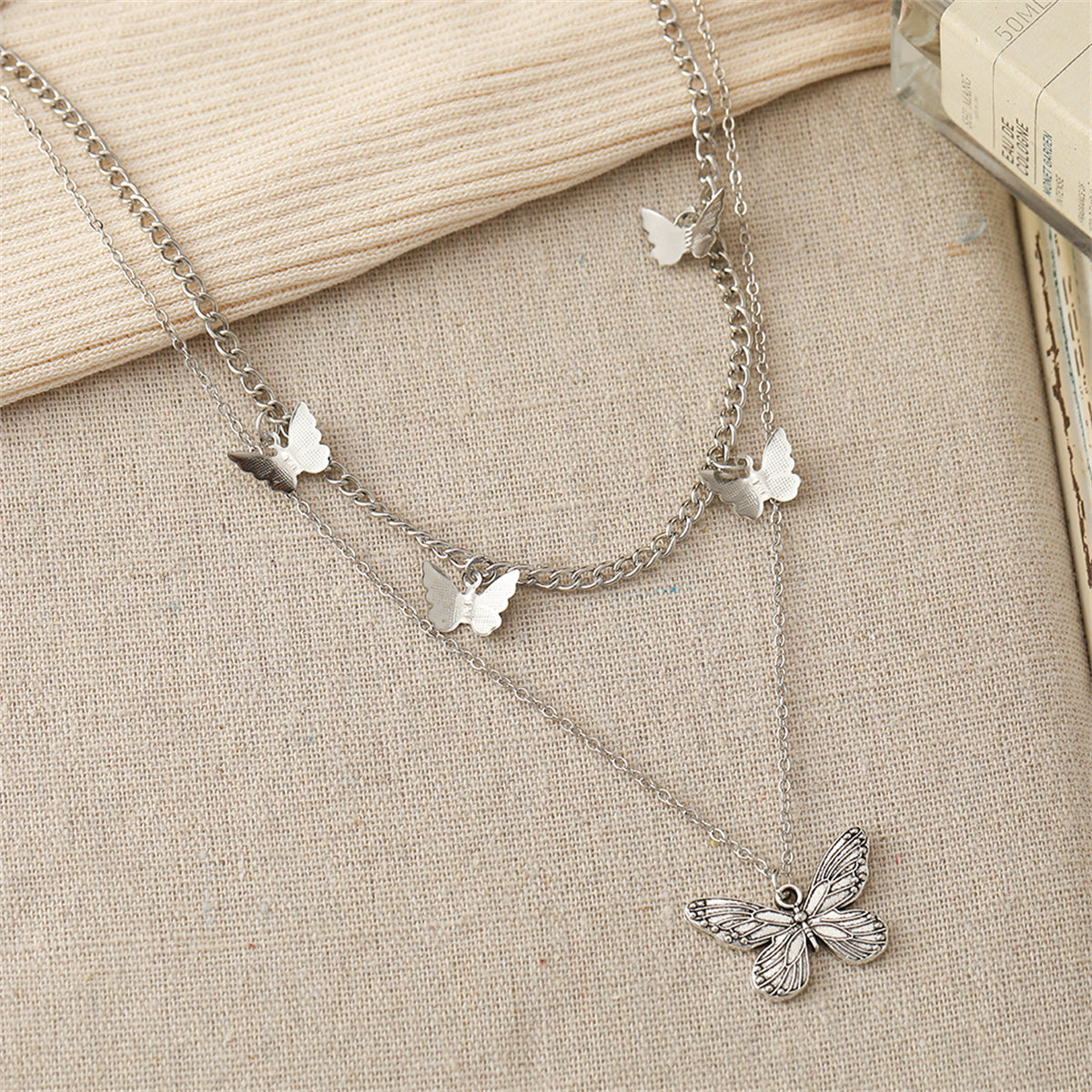 Silver-Plated Layered Butterfly Station Necklace