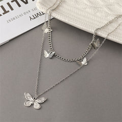 Silver-Plated Layered Butterfly Station Necklace