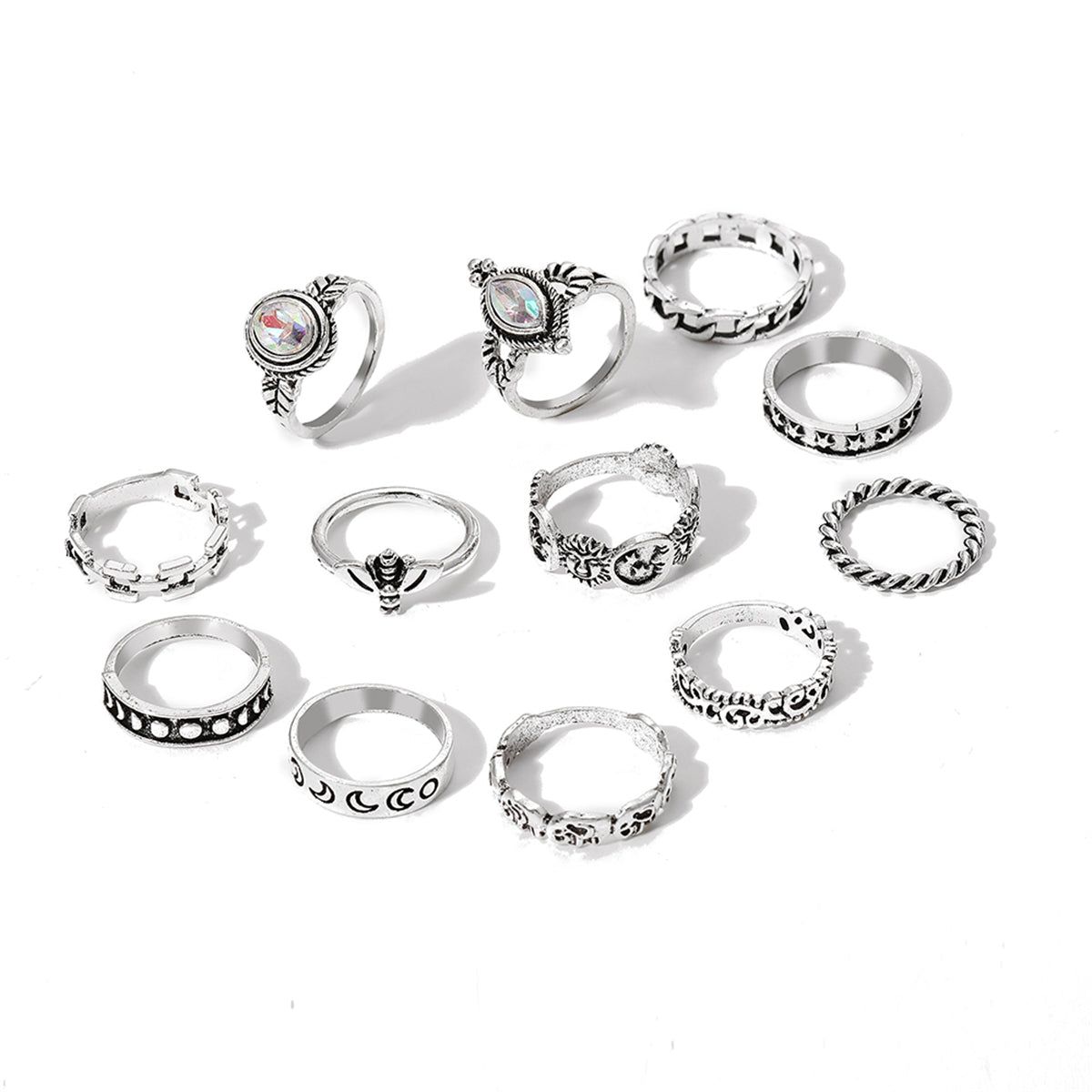 Crystal & Silver-Plated Bee & Celestial Ring Set