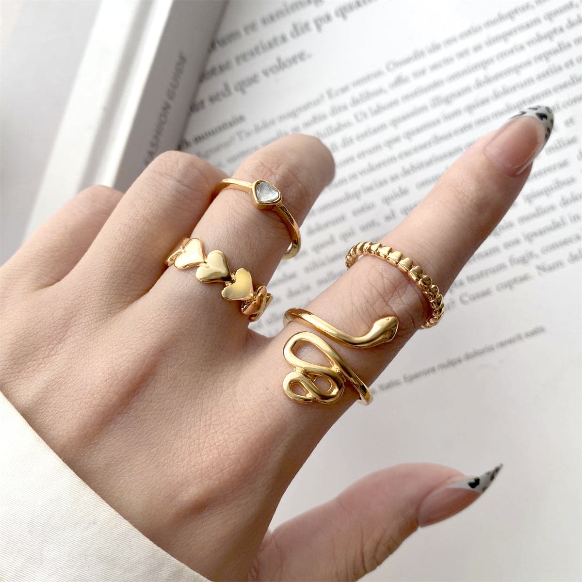 Quartz & 18K Gold-Plated Heart Snake Four-Piece Ring Set