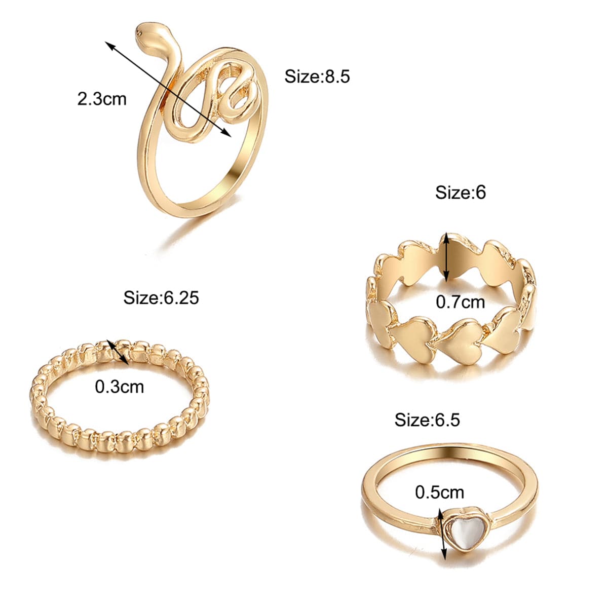 Quartz & 18K Gold-Plated Heart Snake Four-Piece Ring Set