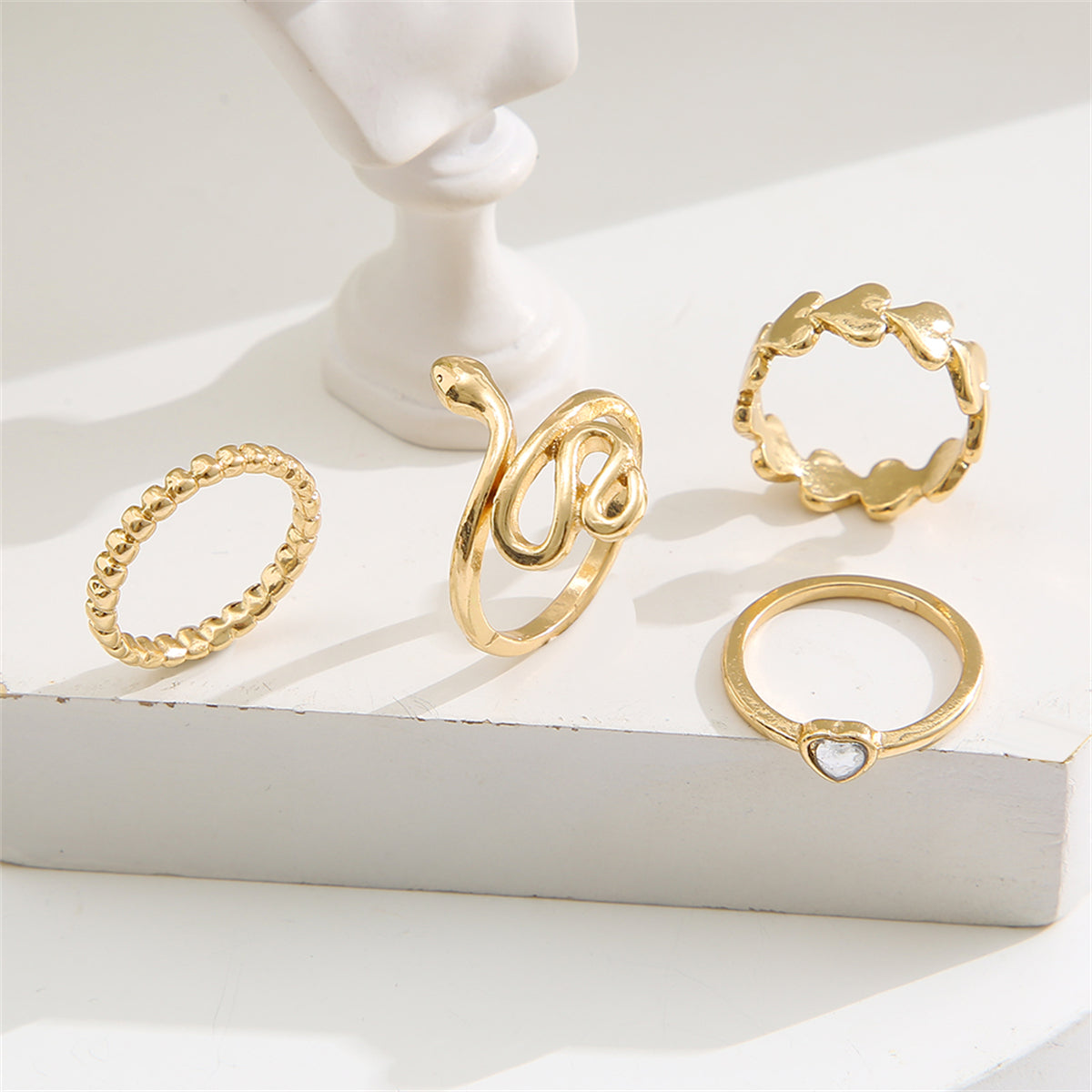 Quartz & 18K Gold-Plated Heart Snake Four-Piece Ring Set