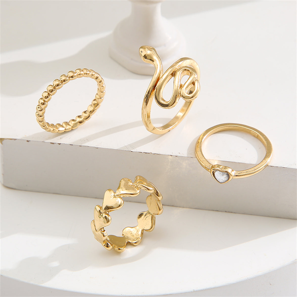 Quartz & 18K Gold-Plated Heart Snake Four-Piece Ring Set