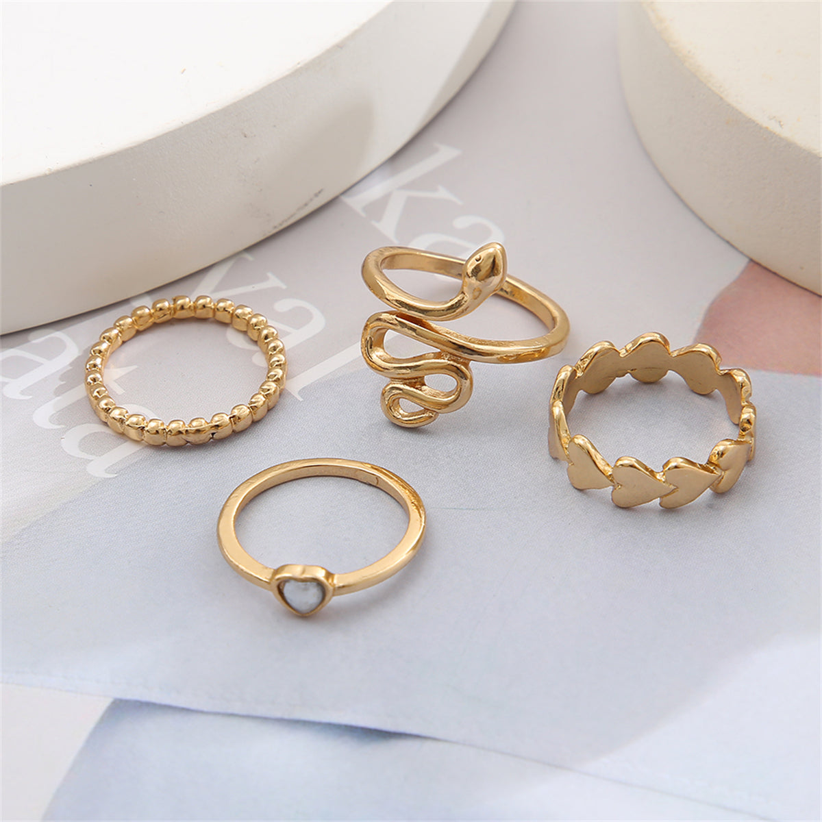 Quartz & 18K Gold-Plated Heart Snake Four-Piece Ring Set