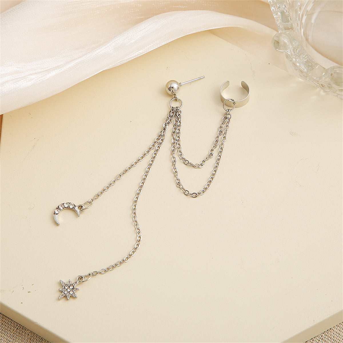 Cubic Zirconia & Silver-Plated Chain Ear Cuff & Celestial Drop Earring