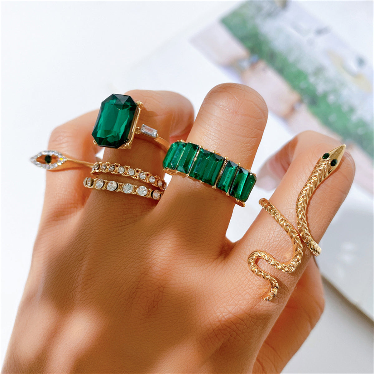 Green Crystal & Cubic Zirconia Snake Eye Ring - Set Of Six