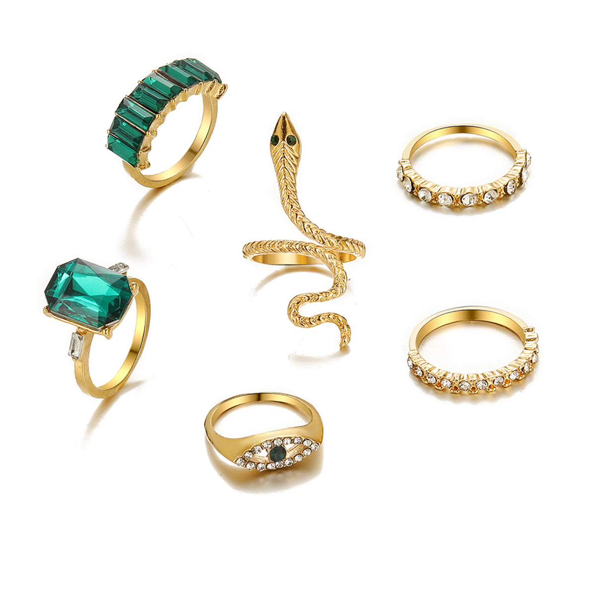 Green Crystal & Cubic Zirconia Snake Eye Ring - Set Of Six