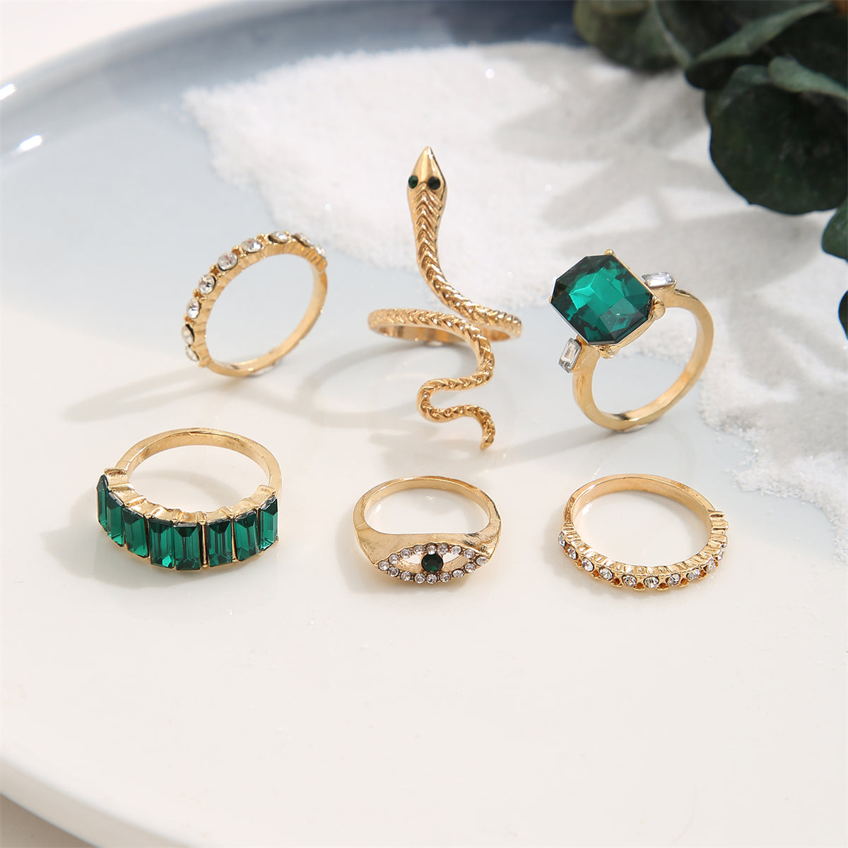 Green Crystal & Cubic Zirconia Snake Eye Ring - Set Of Six