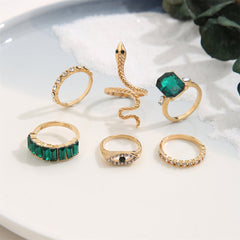 Green Crystal & Cubic Zirconia Snake Eye Ring - Set Of Six