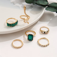 Green Crystal & Cubic Zirconia Snake Eye Ring - Set Of Six