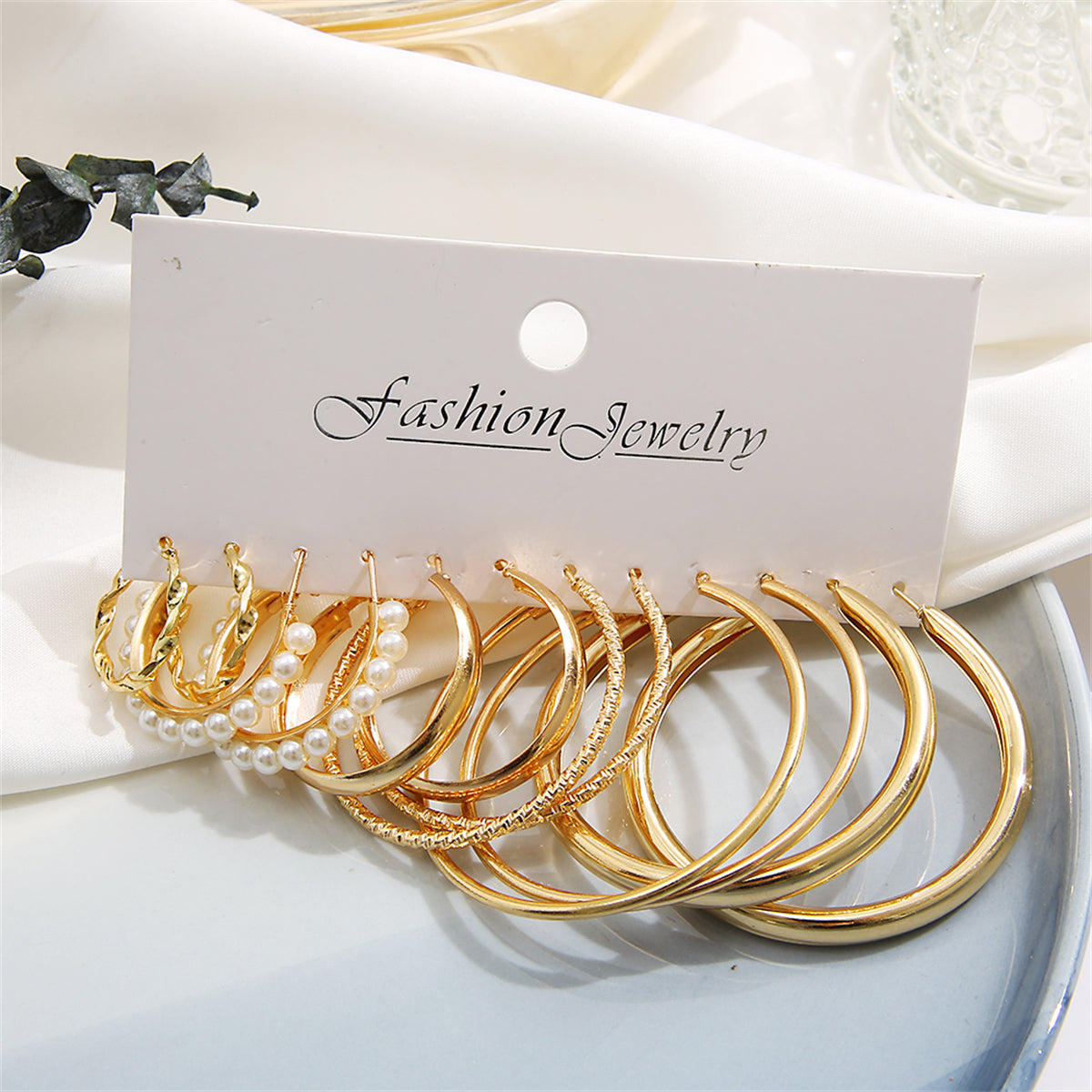 Pearl & 18K Gold-Plated Twisted Hoop Earrings Set