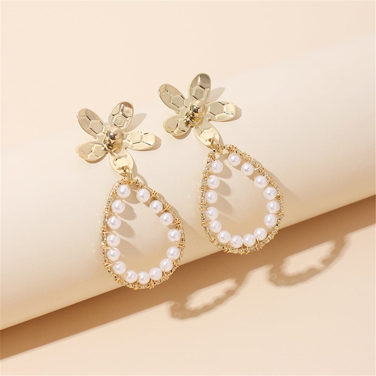 Pearl & 18K Gold-Plated Flower Teardrop Earrings