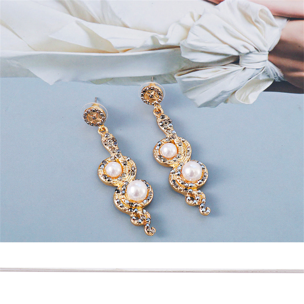 Cubic Zirconia & Pearl 18K Gold-Plated Snake Drop Earrings