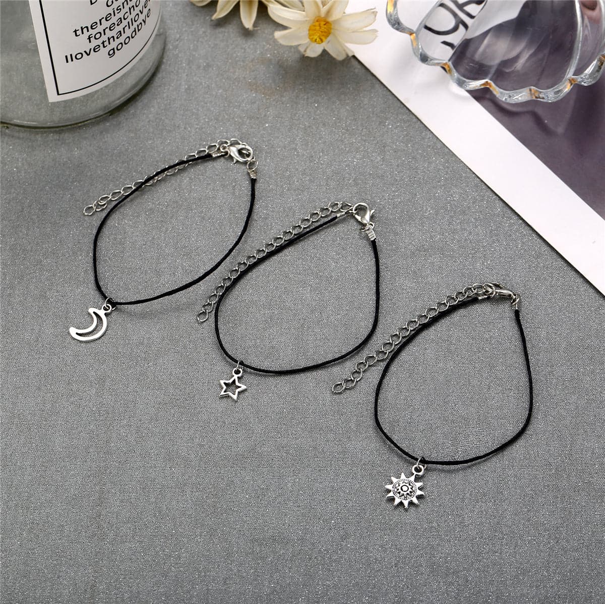 Silver-Plated Moon & Star Charm Anklet Set